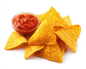 Chips And Salsa Isolated. Mexican Nachos and Tortilla Chips with Salsa Sauce on White Background