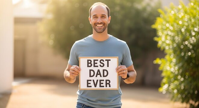 Best dad ever father's day celebration with happy man holding sign outdoor for family love and appreciation father's day