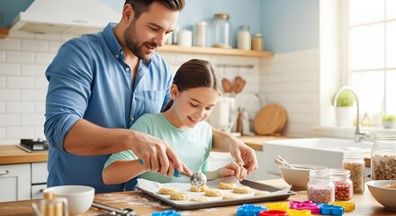 Father and daughter baking cookies together in kitchen family time cooking fun baking cookies recipe father's day