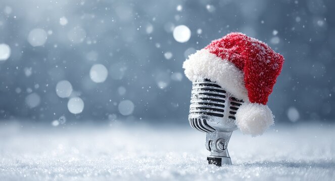 Christmas Microphone. Santa Hat Microphone Isolated on White Snow for Carols and Festive Music - Powered by Adobe