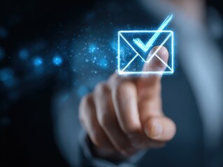 Confirmation Email. Futuristic Interface with 3D Email Symbol and Blue Envelope Icon