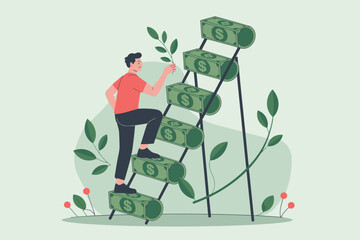 Man climbing a ladder made of money stacks towards financial growth and success