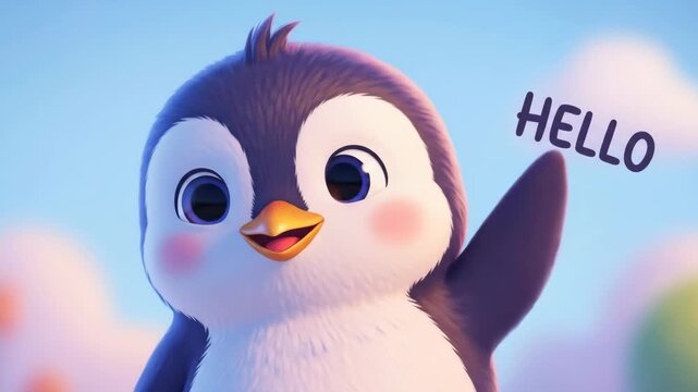 Adorable Animated Penguin Waves Hello in a Cheerful, Colorful Scene