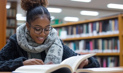 Happy young Black university student reading a book in the college library. African American female undergraduate revising for exams. Inclusion, diversity, and ethnic representation, Generative AI