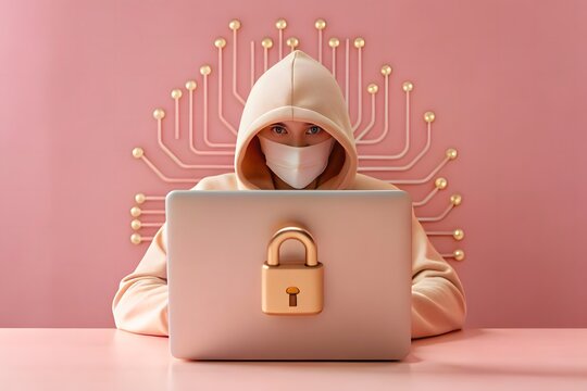 Person in hooded sweatshirt wearing face mask using laptop with padlock
