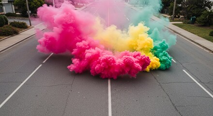 Colorful smoke bombs explode in the middle of a city street, creating a vibrant, artistic scene.