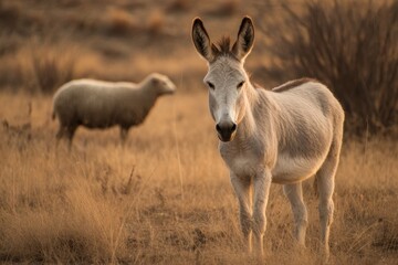 Fototapeta premium Donkey Of The Day. White Donkey Grazing in Dry Australian Field at Sunset with Sheep