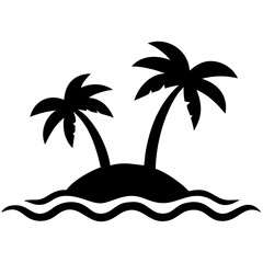 Two tall palm trees on a small island surrounded by wavy water silhouette