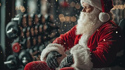 Festive Santa in full costume working out with a barbell in a gym, surrounded by falling snow and exercise equipment.