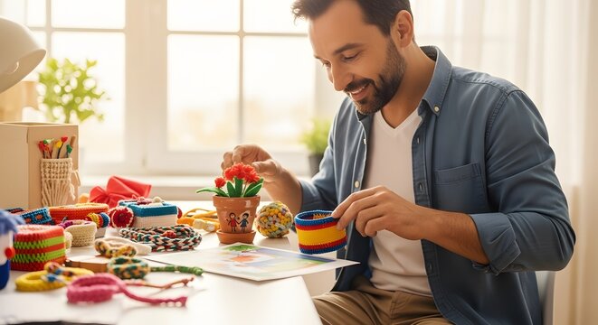 Man crafting diy projects at home hobby time handmade decorative items art and craft creative ideas leisure activity father's day