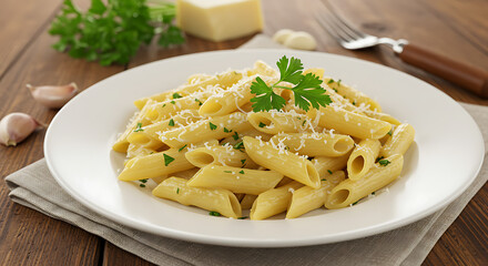 Delicious cooked penne pasta with tomato sauce and basil on white plate &ndash; Italian cuisine close-up

