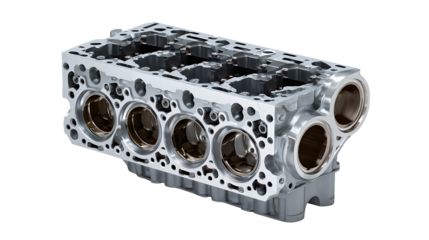 Detailed View Of A Grey Metal Engine Block isolated on a transparent background