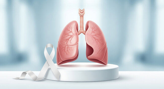 Medical illustration of lungs with a white awareness ribbon on a podium for health concept.