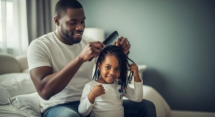 Father daughter hair care routine at home dad combing braiding african american girl hair love family time father's day