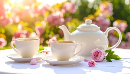 Two teacups and a teapot on a table in a rose garden