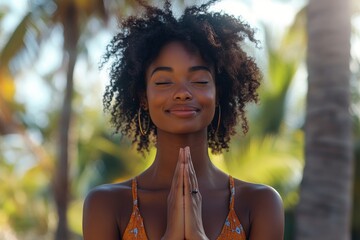 Happy young Black woman praying and doing yoga meditation outdoors on solo travel vacation wellness spa retreat, palm trees. Improving mental health through meditating, Generative AI