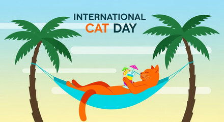 International Cat Day celebration with a ginger cat relaxing in a hammock on a tropical beach