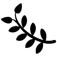 Simple black silhouette of a branch with oval leaves on a white background