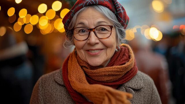 Cheerful senior woman wearing a scarf, coat, and beret enjoys a festive evening at a brightly lit outdoor winter market.