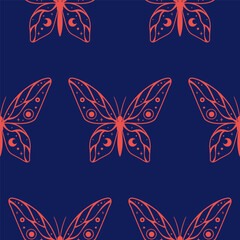 Seamless pattern with decorative butterflies. Print with magical insects. Line art of animals in ornament. Backdrop with boho insects.