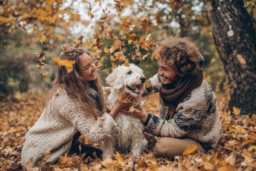 Flannel Fall. Happy Family Playing in Autumn Park with Their Dog and Children