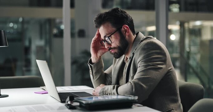 Business man, laptop or headache of stress in office for internal audit, accounting error or crisis. Night, auditor and overwhelmed with pressure for risk management, balance sheet review or deadline