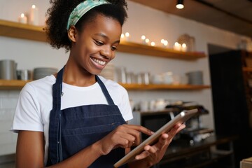 Smiling waitress using tablet for order management in restaurant cafe business