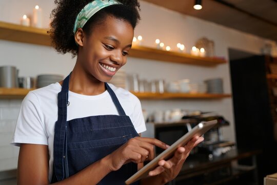 Smiling waitress using tablet for order management in restaurant cafe business