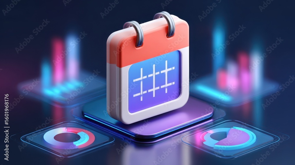 Poster digital calendar icon surrounded by data visualization graphics, symbolizing organization and planni