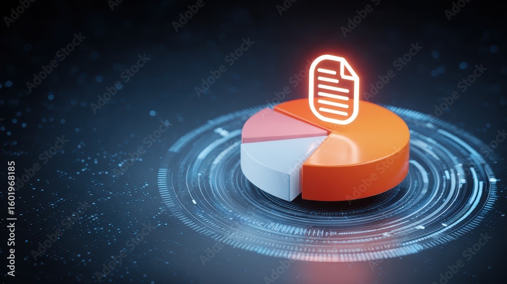Poster 3d pie chart with vibrant segments and a document icon, set against a dark background with glowing e