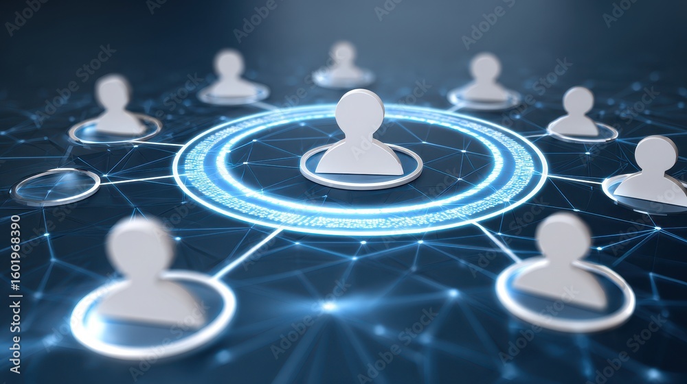 Poster digital network connecting user icons with glowing nodes, symbolizing communication and collaboratio