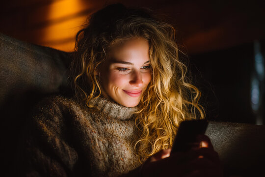 Smiling woman using smartphone at night in cozy warm lighting