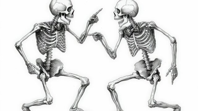 Illustration of two detailed human skeletons crouched and pointing at each other, creating a comedic and expressive interaction on a white background.