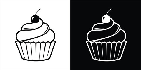 Black and white cupcake with cherry, graphic design elements