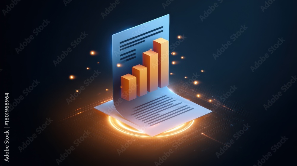 Poster digital illustration of a report with bar graphs, symbolizing data analysis and business analytics i