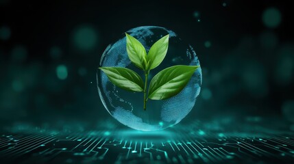 Digital globe with green leaves symbolizes eco-friendliness and technology integration, highlighting sustainability in a modern context.