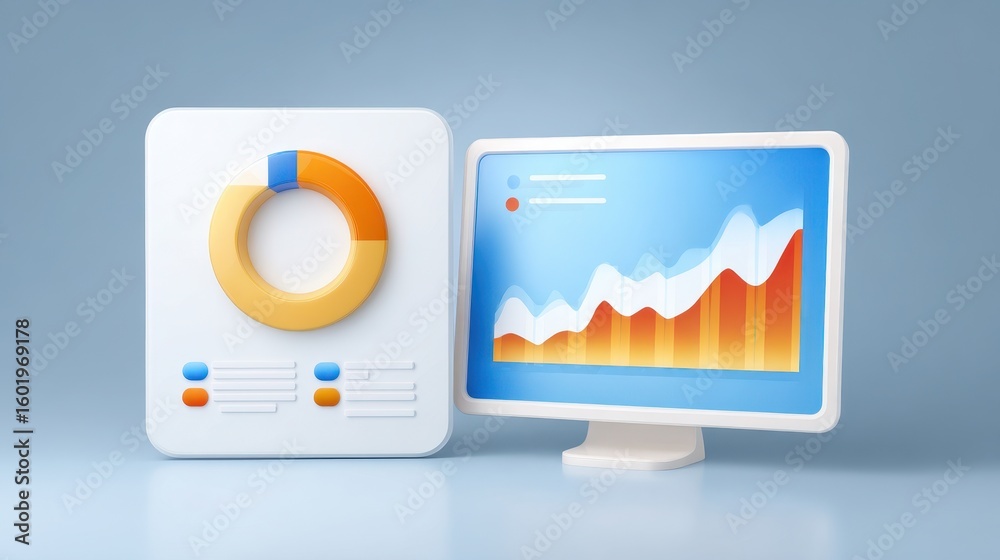 modern digital analytics display featuring a pie chart and a line graph on a computer screen, emphas