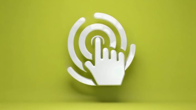 3D icon style hand cursor clicking with a ripple expanding outward, isolated on a green background.