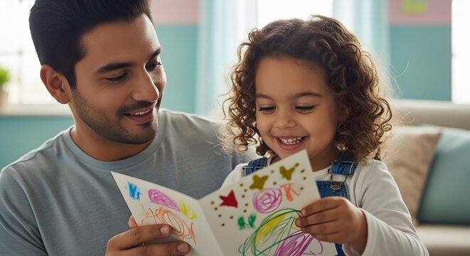 Father and daughter reading handmade card together at home happy family moments parenting and childhood father's day - Powered by Adobe