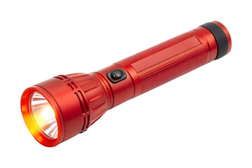 Bright red flashlight with illuminated beam and textured grip illumination