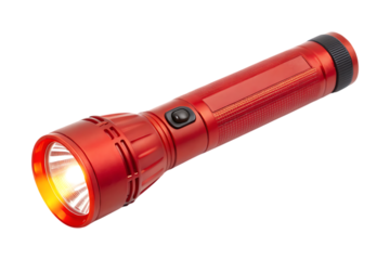 Bright red flashlight with illuminated beam and textured grip illumination