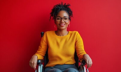 Confident happy disabled Black businesswoman in a wheelchair against a vibrant red backdrop. Candid African American female office worker with disability. Disability awareness, Generative AI