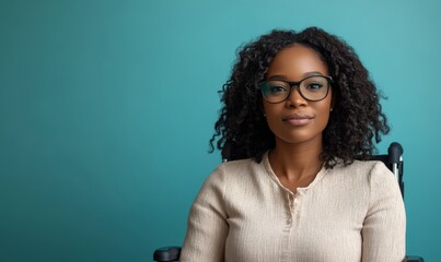 Obraz premium Inclusive headshot portrait of candid disabled corporate Black woman in a wheelchair against a blue teal background. Copy space. Diversity, equality, and inclusion in the workplace, Generative AI