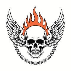 Flaming skull with angelic wings and chain fire flames