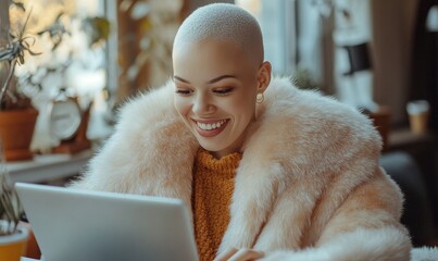 Happy albino woman working remotely at home. Candid Black woman with albinism laughing on virtual video call on a laptop. Inclusive and diverse workplace. Lesbian model with a fur, Generative AI