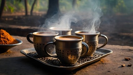 Fototapeta premium Four steaming metal cups of coffee on a tray with coffee beans, in a natural outdoor setting.