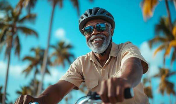 Happy senior Black man cycling on vacation. Smiling elderly African American pensioner exercising outdoors on a pedal bike. Bicycle safety helmet and sun protection. Palm trees, Generative AI - Powered by Adobe