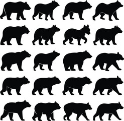 Black silhouette of a walking bear set