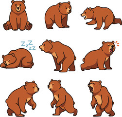 Cartoon Bear Character Set – Nine Expressions & Poses EPS 10


