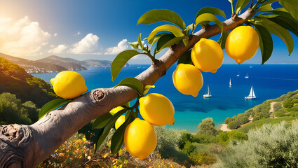 Bright yellow lemons on tree branches with a scenic Mediterranean sea in the background